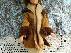 BARBIE CLONE DOLL BROWN SUEDINE COAT, FUR TRIM, SCARF, SKIRT DUO